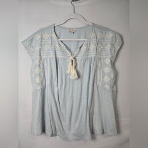 Wonderly Light Blue Embroidered Blouse with Tassel Size Large